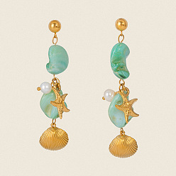 Золотой 304 серьги-гвоздики в форме морской звезды и ракушки из нержавеющей стали, С камнями, золотые, 63x13.8 мм