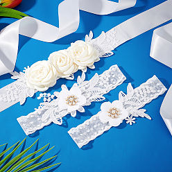 Mixed Color Lace Elastic Bridal Garters & Belts Set, with Rhinestone & Pearl and Flower Pattern, Wedding Garment Accessories, Mixed Color, 2700x40mm