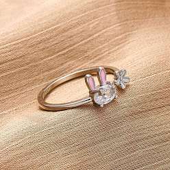 Платина Открытые манжеты из латуни с микропаве и цирконием для женщин, с эмалью, кролик, платина, внутренний диаметр: 18 мм