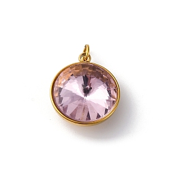 Розовый 316 подвески из граненого стекла из нержавеющей стали, плоско-круглые, ионное покрытие (ip), реальный 18 k позолоченный, с петлей, туманная роза, 15.5x13.5x7 мм, отверстие : 2.5 мм