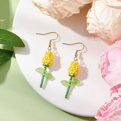 Желтый Серьги-подвески в виде цветка из нержавеющей стали и стекла, с перламутровыми круглыми бусинами из стекла, окрашенными методом выпекания, и биконусными стеклянными бусинами, имитирующими австрийский хрусталь, с гальваническим покрытием, золотые, желтые, 52x17 мм