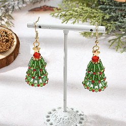 Golden Christmas Brass with Glass Seed Beads Dangle Earrings, Christmas Tree, Golden, 55x20mm