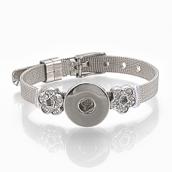 Platinum Alloy Rhinestone Snap Cord Bracelet Making, with Snap Buttons, Flower, Platinum, 8-7/8 inch(22.5cm), 8mm, Fit snap button in 5~6mm knob.