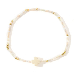 Снежный Браслеты из стеклянных бусин в стиле бохо, крестик из натуральных ракушек для женщин, снег, внутренний диаметр: 6-1/2 дюйм (16.5 см)