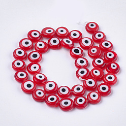 Red Handmade Evil Eye Lampwork Beads Strands, Flat Round, Red, 9.5~10.5x3.5~4mm, Hole: 1.2mm, about 38pcs/strand, 14.1 inch~14.5 inch