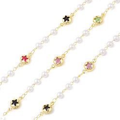 Golden Brass Glass Link Chains, with Plastic Imitation Pearl Beads & Spool, Unwelded, Round with Star, Golden, 4~12x4~6.5x3.5~4mm