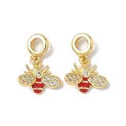 Золотой Латунные подвески-шармы в виде пчелы из прозрачного кубического циркония, подвески с большими отверстиями в виде насекомых из красной эмали, стойки покрытие, долговечный, без свинца и без кадмия, золотые, 18 мм, отверстие : 4 мм