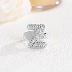 Letter Z Латунные кольца из манжеты с прозрачным цирконием, платина, Письмо Z, внутренний диаметр: регулируемый