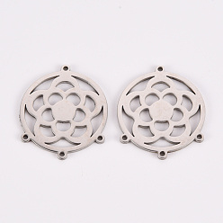 Stainless Steel Color Tarnish Resistant 304 Stainless Steel Chandelier Component Links, Laser Cut, Flat Round with Flower, Stainless Steel Color, 23x20x1mm, Hole: 1mm