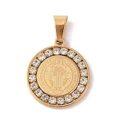 Золотой Вакуумное покрытие pvd 304 подвески из нержавеющей стали со стразами, плоский круглый с cssml ndsmd крестом бог отец религиозный христианский шарм, золотые, 20.5x18x2.5 мм, отверстие : 6x3 мм