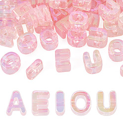 Pink 50Pcs 5 Styles UV Plating Rainbow Iridescent Acrylic Beads, Initial Beads, A E I O U, Pink, 20.5~21x8.5~18x13.5~14mm, Hole: 6mm, 10pcs/style