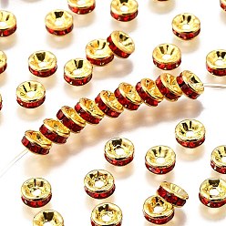 Светло-сиамский Латунные бусины разделители для поставки стразов, класс А, прямой фланец, золото , рондель, Light Siam, 6x3 мм, отверстие : 1 мм