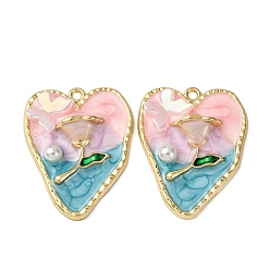 Разноцветный Подвески из эмали и сплава, с имитацией жемчуга и смолы., подвески в форме цветов и сердец, стойки покрытие, золотой свет, красочный, 31.5x24.5x5 мм, отверстие : 1.8 мм