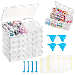 Mixed Color 6 Sets 28 Grids Rectangle Plastic Organizer Boxes, with 4Pcs Nylon Cleaning Brush, 4Pcs Silicone Folding Funnel Hopper, 1 Set Self Adhesive Writable Blank Stickers, Mixed Color, 17.5x10~10.2x2.6cm