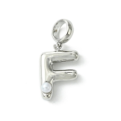 Letter F Покрытие стойки латунь с АБС-пластиком жемчуг европейские подвески, Подвески с большими отверстиями, долговечный, без свинца и без кадмия, платина, Буква F, 23 мм длиной, отверстие : 5 мм, Кулон : 15x10.5x5 мм