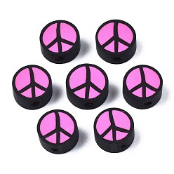 Hot Pink Handmade Polymer Clay Beads, Flat Round with Peace Sign, Hot Pink, 9~10x4.5mm, Hole: 1.6mm