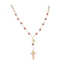 Красный Агат Круглые четки из натурального сердолика, 304 Женские ожерелья с подвеской в виде креста из нержавеющей стали, золотые, 24.92 дюйм (63.3 см)