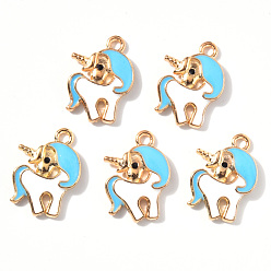 Голубой Подвески из эмали и сплава, единорог, золотой свет, голубой, 20x15x3.5 мм, отверстие : 2.0 мм
