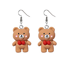 Медведь Серьги-подвески из нержавеющей стали и смолы, цвет нержавеющей стали, медведь, 48x26 мм