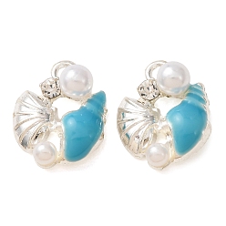 Blue Alloy with Crystal Rhinestone & Enamel Pendants, with ABS Plastic Imitation Pearl, Conch Shell Shape Charms, Silver, Blue, 17x14x6.5mm, Hole: 2mm