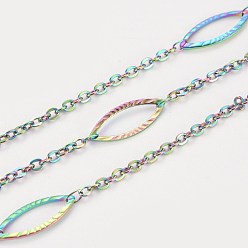 Rainbow Color Ионное покрытие (ip) 304 кабельные цепи из нержавеющей стали, с конскими глазами / маркизными звеньями, пайки, с катушкой, Плоско-овальные, Радуга цветов, 6 мм, ссылка: 2.5x2x1мм и 15x6x1мм, около 32.8 футов (10 м) / рулон