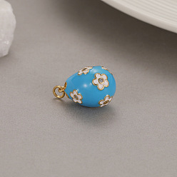 Deep Sky Blue Alloy Enamel Pendant, Easter Egg Charms, Deep Sky Blue, 22x14.4mm