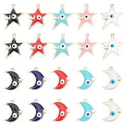 Mixed Color 40Pcs 10 Style Rack Plating Alloy Enamel Pendants, Light Gold, Moon & Star, Mixed Color, 25~27.5x20.5~24x2mm, Hole: 1.8mm, 4pcs/style