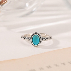 Темно-бирюзовый Регулируемое кольцо из искусственной бирюзы с открытыми кольцами из стерлингового серебра 925, овальные, платина, темные бирюзовый, 17~19 мм