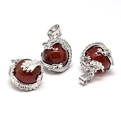 Carnelian Dragon Platinum Plated Brass Natural Red Agate Pendants, Cadmium Free & Lead Free, 26~27x22x17~18.5mm, Hole: 4x8.5mm