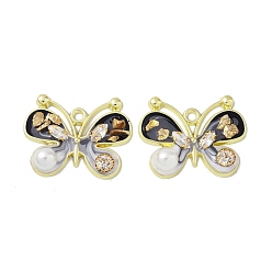 Black Rack Plating Alloy Enamel Pendants, with Resin, ABS Imitation Pearl Beads, Rhinestone and Glass Beads, Cadmium Free & Nickel Free & Lead Free, Butterfly, Black, 29x37.5x8mm, Hole: 2.5mm
