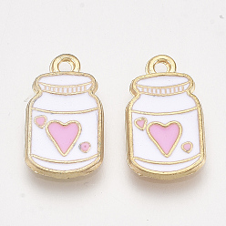 Weiß Aluminium Anhänger & Charms, cadmiumfrei und bleifrei, mit Emaille, Ich wünsche eine Flasche mit Herz, Licht Gold, weiß, 17x10x1 mm, Bohrung: 1.4 mm