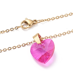 Fuchsia Heart Glass Pendant Necklaces, with 304 Stainless Steel Cable Chains and Lobster Claw Clasps, Fuchsia, 17.6 inch(44.7cm)