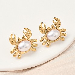 Настоящее золото 18K 304 серьги-гвоздики в форме краба из искусственного жемчуга ABS из нержавеющей стали, ионное покрытие (ip), реальный 18 k позолоченный, 23x28 мм