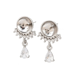 Платина Фурнитура для сережек-гвоздиков в форме капли с микропаве из прозрачных кубических цирконий из латуни, за половину пробурено бисера, с 925 штырями стерлингового серебра, платина, лоток : 8 мм, 21x12 мм, контактный: 0.8 мм и 11x0.8 мм