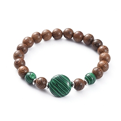 Malachit Unisex Holzperlen Stretch Armbänder, mit Kunst Malachitperlen, Abstandhalter aus platiniertem Messing, 2-3/8 Zoll (5.9 cm)