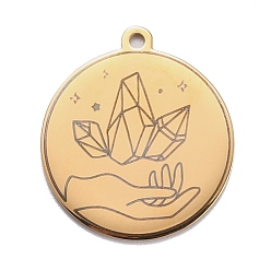Golden 304 Stainless Steel Pendants, Flat Round with Hand & Diamond, Golden, 28x25x1.4mm, Hole: 2mm