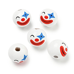Белый Набивные деревянные европейские бусины, круглый с узором клоуна, белые, 19~20 мм, отверстие : 4~5 мм