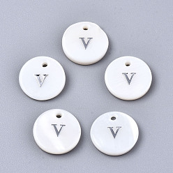 Letter V Natural Freshwater Shell Pendants, with Platinum Plated Iron Etched Metal Embellishments, Flat Round with Initial Letter, White, Letter.V, 11x2mm, Hole: 1.5mm