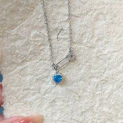 Темно-Голубой Женские кулоны в форме сердца с булавкой из латуни и кубическим цирконием, платина, глубокое синее небо, 17.72 дюйм (45 см)