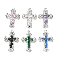 (52) Непрозрачная лаванда Латунные микро проложить кубического циркония подвески, долговечный, без кадмия и без свинца, крест очарование, платина, разноцветные, 23x16x2.5 мм, отверстие : 1.4 мм