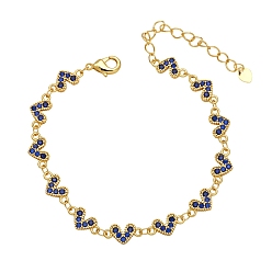 Синий Браслеты с звеньями из латуни и циркония в виде сердца для женщин с микропаве, синие, 6-7/8 дюйм (17.5 см)