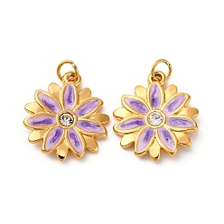 Средний Фиолетовый 304 нержавеющей стальной эмали подвески, с соединительным кольцом и стразами, ионное покрытие (ip), цветочный шарм, реальный 18 k позолоченный, средне фиолетовый, 16.5x14x2.5 мм, отверстие : 2.5 мм