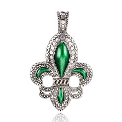 Зеленый Сплав эмаль цветочные большие кулоны, Флер де Лис, античное серебро, зелёные, 73x45x4 мм, отверстие : 6 мм