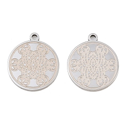 Stainless Steel Color 304 Stainless Steel Pendants, Flat Round with Flower Pattern Charms, Stainless Steel Color, 25x21.5x2mm, Hole: 2mm