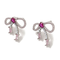 Платина Серьги-гвоздики из латуни с микропаве и цирконием, долговечный, без свинца и без кадмия, бантом, платина, 18x19.5 мм
