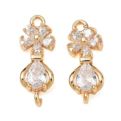 Plaqué 18K Or Véritable Breloques de connecteur en zircone cubique transparente pavée de laiton, liens vers les fleurs et les larmes, réel 18 k plaqué or, 18x7.5x4mm, Trou: 1.5mm