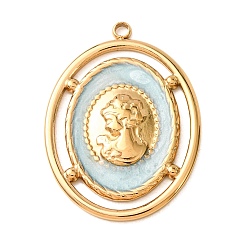 Azul 304 acero inoxidable con colgantes esmaltados, Recubrimiento al vacío PVD, Colgante ovalado con retrato de dama, dorado, azul, 30.5x22.5x2.5 mm, agujero: 1.8 mm