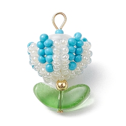 Темно-Голубой Подвески из нейлоновой проволоки, стеклянные бусины ручной работы с круглыми стеклянными бусинами и 304 штифтами с плоской головкой из нержавеющей стали, цветок, глубокое синее небо, 25x15x15 мм, отверстие : 2.5x3 мм