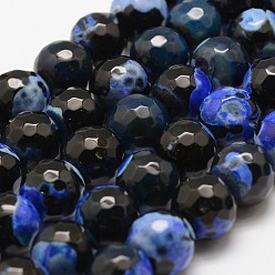 Blue Faceted Natural Fire Crackle Agate Beads Strands, Round, Dyed & Heated, Blue, 12mm, Hole: 1.5mm, about 30~32pcs/strand, 14 inch(35.6cm)