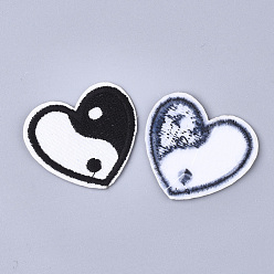 White Feng Shui Computerized Embroidery Cloth Iron On Patches, Costume Accessories, Appliques, Heart with Yin Yang, Black & White, 30x34x1mm